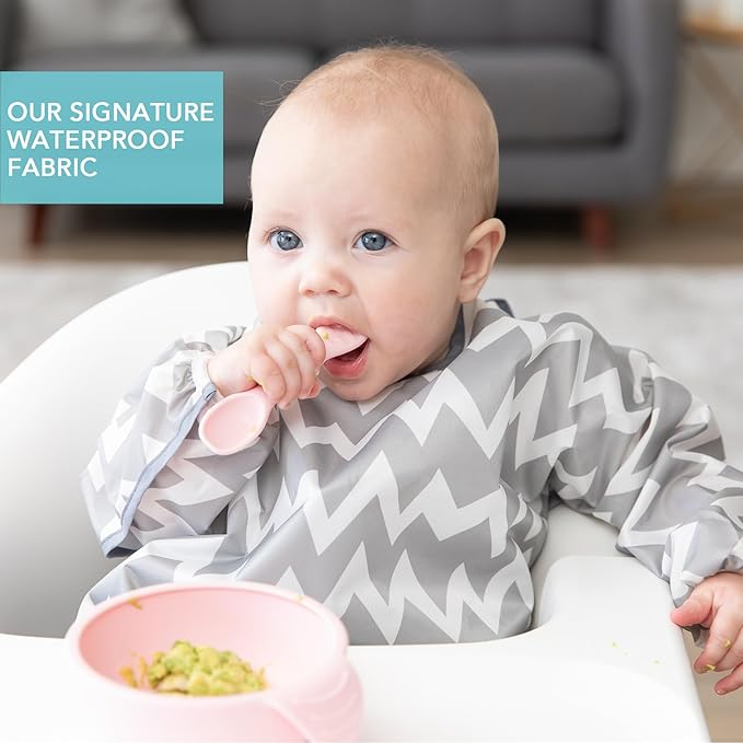 Bumkins Sleeved Bib for Girl or Boy, Baby and Toddler for 6-24 Mos, Essential Must Have for Eating, Feeding, Baby Led Weaning Supplies, Long Sleeve Mess Saving Food Catcher, Soft Fabric, Gray Chevron