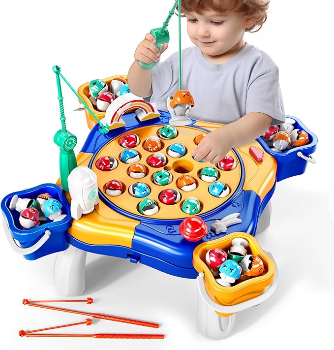 Magnet Fishing Game for Kids Toddlers Aged 3 4 5 6 7 8 - Fishing Toys with 48 Fishes Toys, 8 Poles, Rotating Board Game with On-Off Music, Educational Birthday Gifts for Boys Girls 1-3(Blue)