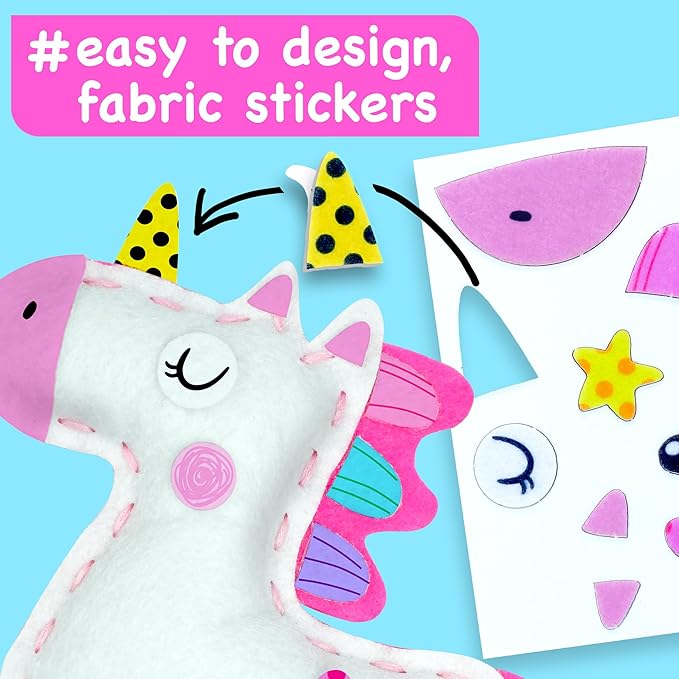 EZCRA Easy Arts and Crafts for Kids - No Mess Sewing Kit for Kids - 4 Easy to Do Unicorn Sewing Projects - Fun Felt Stickers - Tools with Instruction - Gifts for Girls Age 4,5,6,7,8