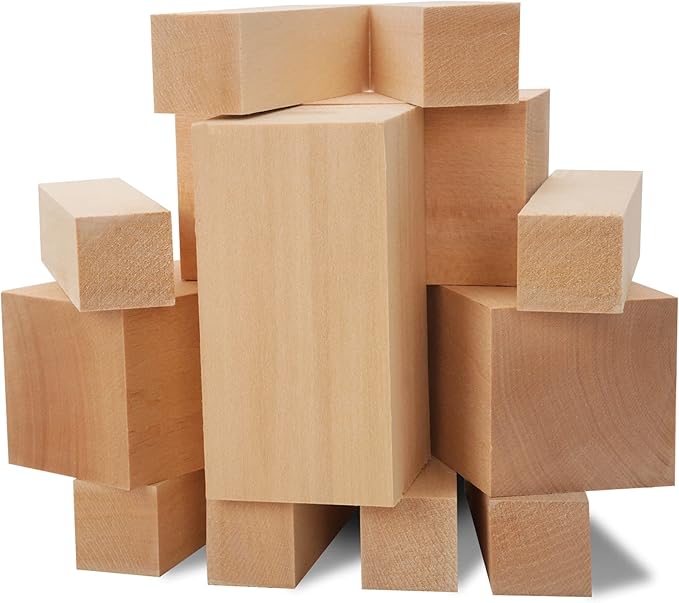 Unfinished Basswood Carving Blocks Kit, 12 Pack Rectangular Wooden Blocks for DIY Carving, Crafting and Whittling for Adults Beginner and Experts (4 x 1 x 1 inch, 4 x 2 x 2 inch)