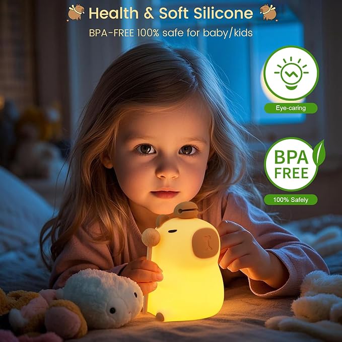 Capybara Night Light, Nursery Lamp, 7-Color RGB & 3-Level Warm Dimmable, Tap Control, 30Min Timer, 100% Safe &Soft Silicone, Adorable, Soothing Ambiance, Gift for Kids, Zen, Wooden Fish