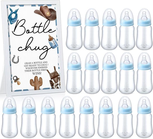 Roowest Bottle Chug Baby Shower Games Sets Including 18 Pcs Feeding Bottles with 1 Bottle Chug Wooden Sign for Gender Reveal Baby Shower Party Supplies(Blue,Cowboy)