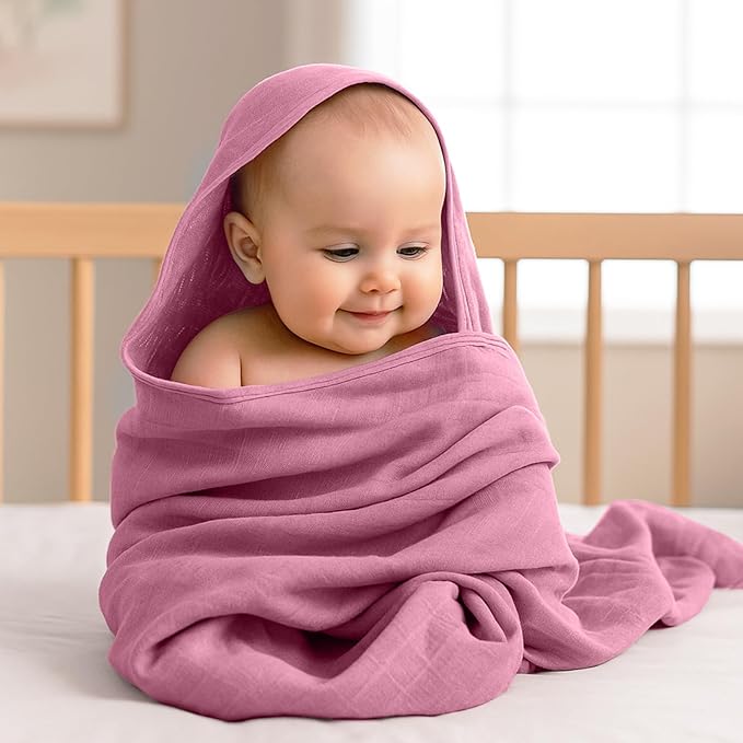 Preboun 6 Pcs Muslin Hooded Baby Towels and Washcloths 32"x 32" Cotton Newborn Bath Towel Anti-Shrink Infant Baby Blankets with Hood 12"x 12" Washcloths for Girl Boy Toddler(Pink,Dark Purple)