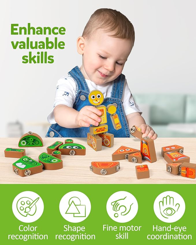 Coogam Snap Together Robot Builders for Toddlers, Wooden Take Apart Robot Build Block Playset, Fine Motor Skill STEM Educational Montessori Toy Gift for 3 4 5 Years Old Kids