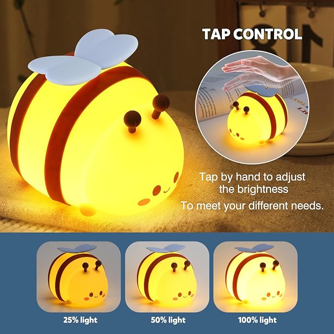 Bee Night Light, Cute Silicone Animal Bedside Lamp, Night Lamp for Kids Room, Dimmable LED Lamp,Bedroom Touch Lamp, Nursery,Baby Room&Girls Room Decor, Baby Boys Girls Gift,Rechargeable Nightlight