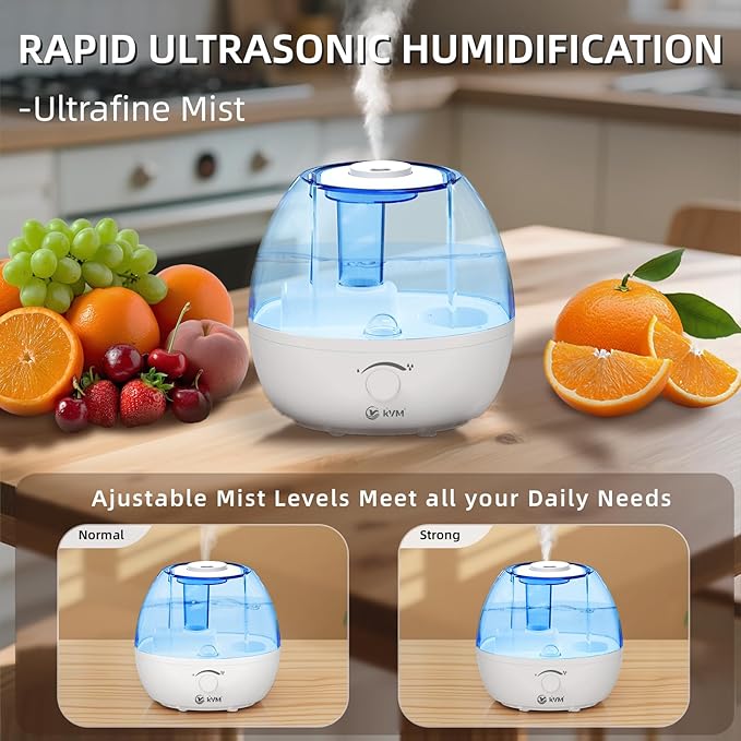 KVM Ultrasonic Cool Mist Humidifier, Quiet Air Humidifiers for Bedroom, Nursery, Office, & Indoor Plants, 360 Rotation Nozzle & 2L Water Tank & Night Light