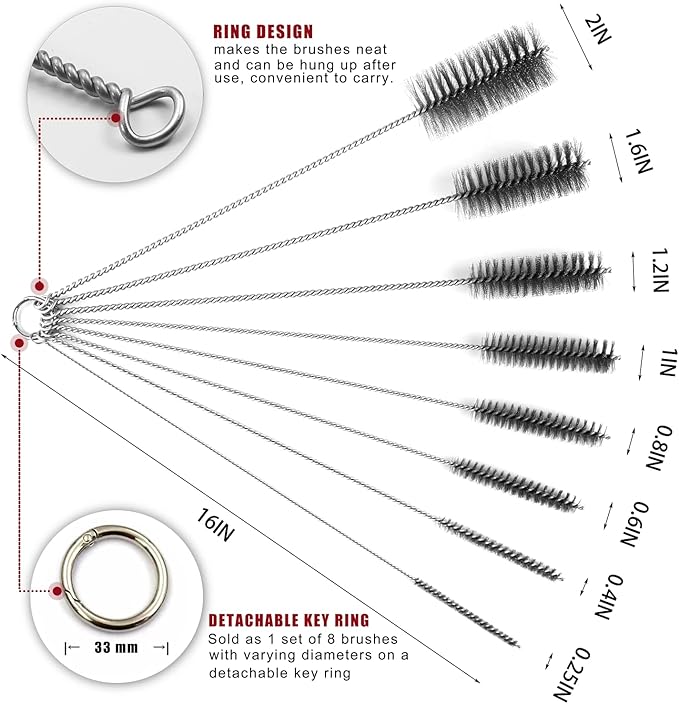 16 Inch Extra Long Pipe Cleaning Brush Set Stainless Steel Bristles, Stainless Steel Pipe Brush Steel Bottle Brush 8 Piece Variety Pack for Auto Parts, Bottles,Tubes, Etc.