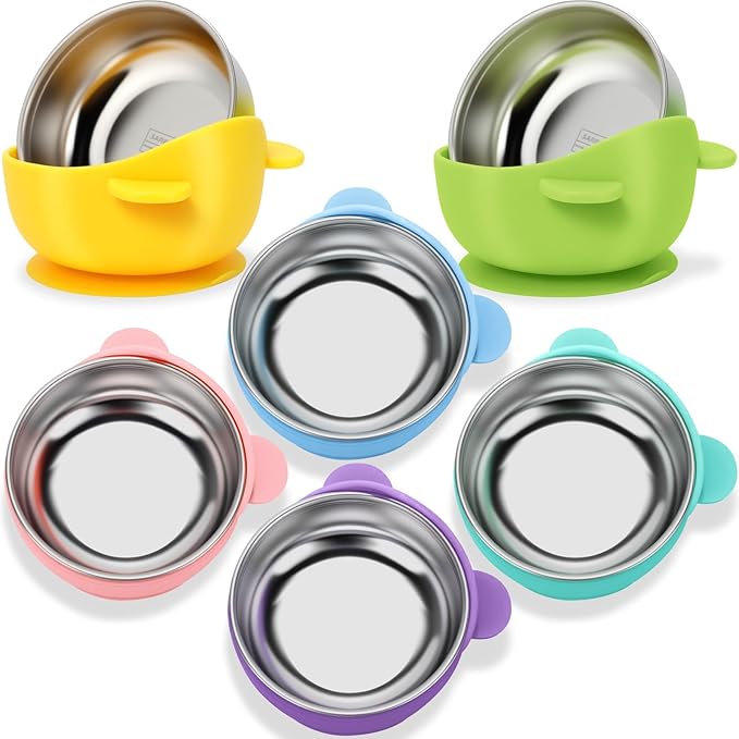 Nuogo 6 Pcs Stainless Steel Baby Bowls with Removable Silicone Shell 304 Toddler Bowls Kids Anti Scald Snack Container for Food Feeding, Dishwasher Safe(Cute Color,Suction-d)