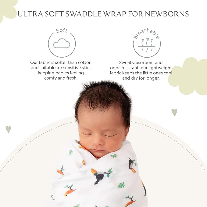 Muslin Baby Swaddle - Breathable Receiving Blankets for Newborn Baby, 70% Viscose derived from Bamboo, 30% Spandex, Imported