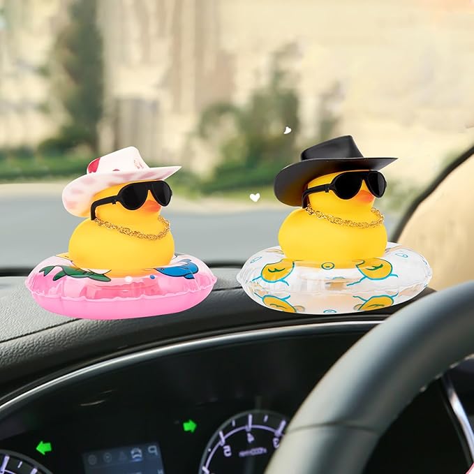 wonuu Car Rubber Duck, Yellow Duck Decoration Dashboard with Sun Hat Swim Ring Necklace Sunglasses for Car Dashboard Decorations, Pink White Cowboy Hat-Pink Dolphin