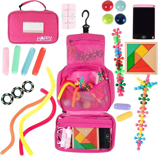 Travel Essentials for Kids – All-in-One Hanging Bag with Kid Toys, Road Trip Activities for Kids, Sensory Toys & Travel Games for Airplane Trips, Car Rides, Gifts for Boys & Girls Ages 4+ (Pink)