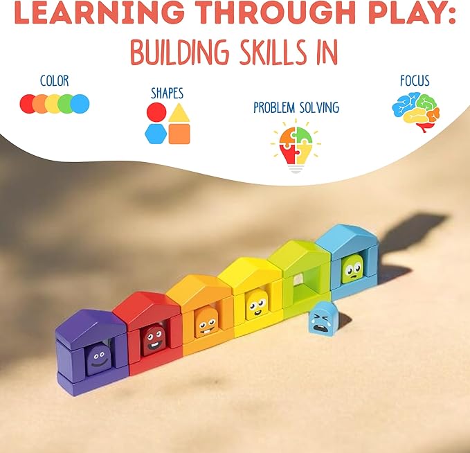 CUBIKA Wooden Construction Set Colorful Houses – 24-Piece Construction Play Set with Emotion Characters for Toddlers 2+– Montessori Toy for Creativity, Cognitive Development, and Emotion Recognition