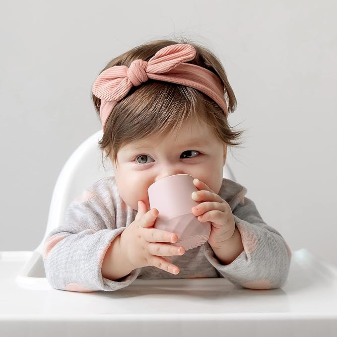 SAMiGO Silicone Baby Utensils - Self Feeding Spoons and Tiny Training Cup - First Stage Baby Led Weaning Supplies for 6 Months+ Infants - Set of 3