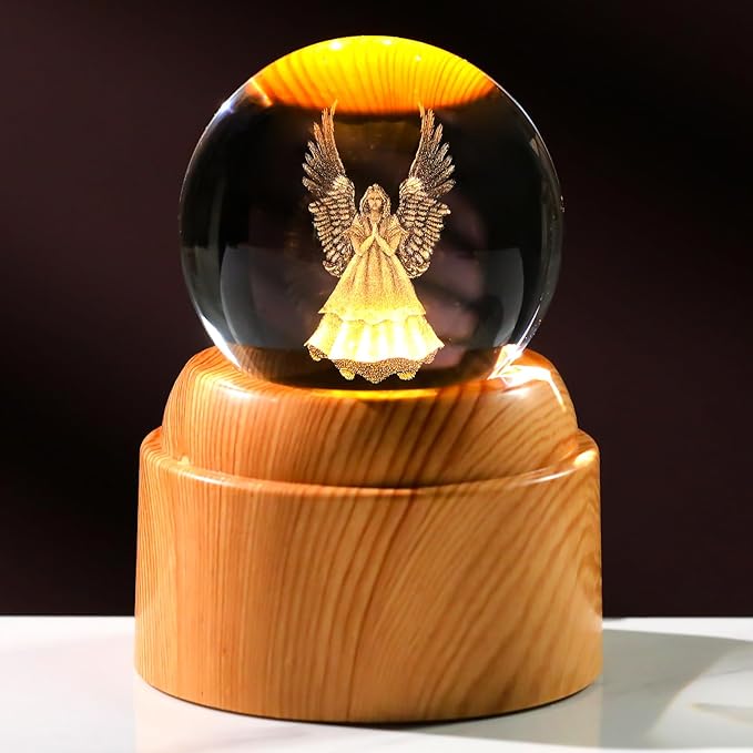 Guardian Angel Gifts 2.36in 3D Engraved Angel Crystal Ball with Rotatable Warm Light Wood Base, Guardian Angel Figurines Memorial Gifts for Women Mom Friends