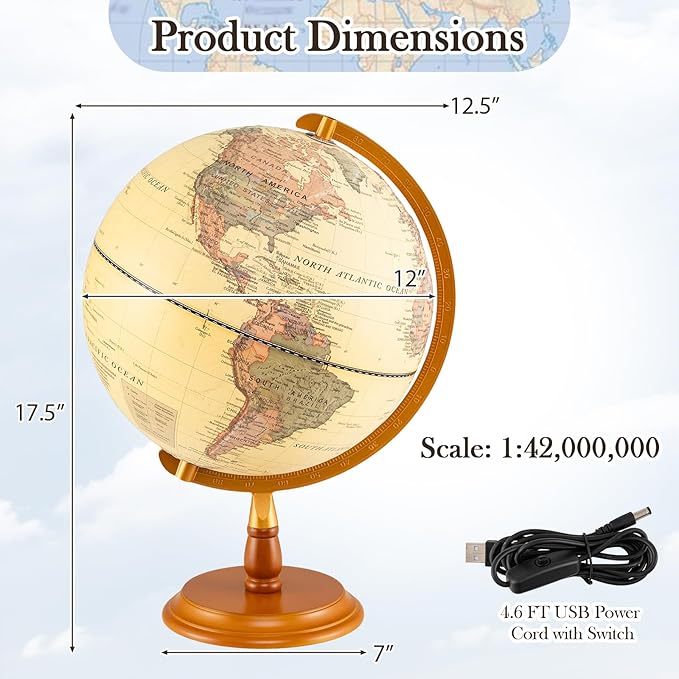 12" Illuminated World Globe, Desktop Globe with Raised Relief, LED Lights, Time Zone & Non-Slip Wooden Base, Geographic Terrain Globes for Decoration (Bronze)