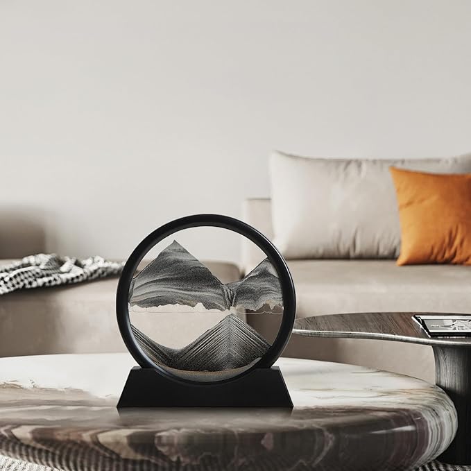 Moving Sand Art Liquid Motion, 3D Deep Sea Sandscape Color Quicksand Decor, Round Glass Moving Sand Art Picture Relaxing Desktop Home Office Work Decor (Black, 7 inch)