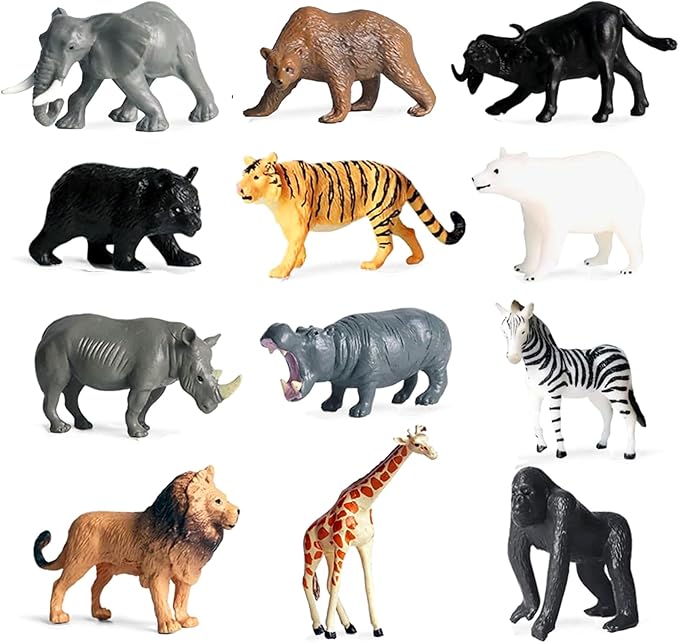 RUSON 12 Pcs Mini Safari Animals Figures Toys, Realistic Jungle Zoo Animal Figurines Cake Topper Toy Set Christmas Birthday Easter Egg Gift Party Supplies for Kids Toddlers