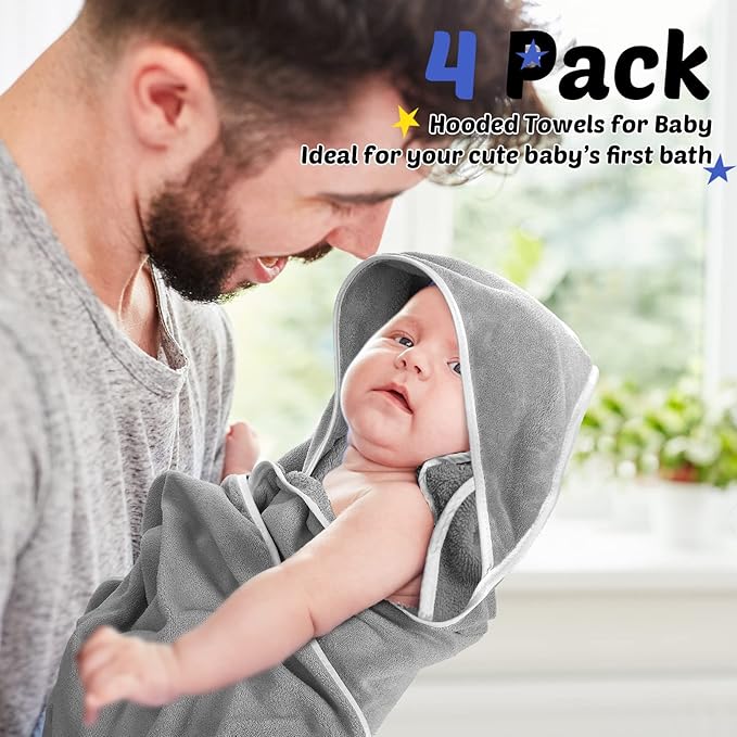 Reginary 4 Pack Baby Hooded Towels Coral Fleece Baby Bath Towels 30 x 30 Inch Soft Absorbent Hooded Bath Blanket for Newborn Toddler Infant Boy Girl Shower Gift Supplies (Gray)