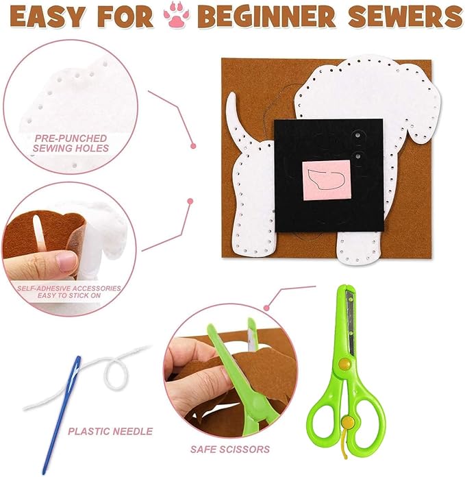 FYXGZZH Kids Beginner Sewing Kit – DIY Stuffed Craft Set with Pre-Cut Felt, Plastic Needle & Embroidery Thread, Educational Arts & Crafts for Boys & Girls Ages 6-12, Dog