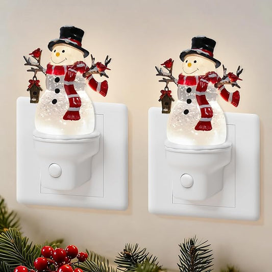 2 Pack Christmas Snowman Night Light Plug into Wall Glitter Water Nightlight with USB/Outlet Options, Christmas Decorative Nightlight for Bedroom Kitchen Holiday Decorations Gifts (Snowman)