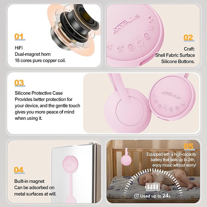 White Noise Sound Machine for Sleeping Adults & Baby, Portable Noise Machine with 24 Soothing Sounds, Bluetooth 5.1, Battery Powered, 3 Timer Settings, Memory Function for Home, Office, Travel(Pink)