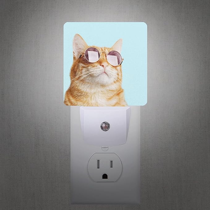 Glasses Cat Night Light Plug-in LED Nightlights Auto Sensor Night Lamp Dusk-to-Dawn Lamp Home Decor for Nursery Children Girls Boys