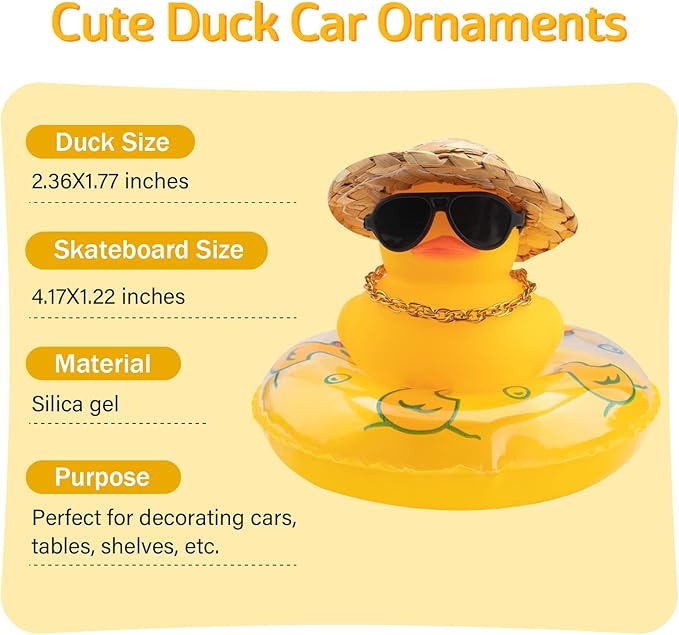 wonuu Car Rubber Duck, Yellow Duck Decoration Dashboard with Sun Hat Swim Ring Necklace Sunglasses for Car Dashboard Decorations