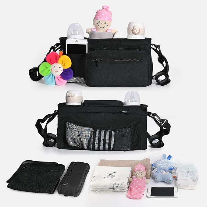 Momcozy NON-SLIP Universal Stroller Organizer | Insulated Cup Holder | Detachable Phone Bag & Shoulder Strap | Fits Uppababy, Baby Jogger, Britax, BOB, Umbrella and Pet Stroller