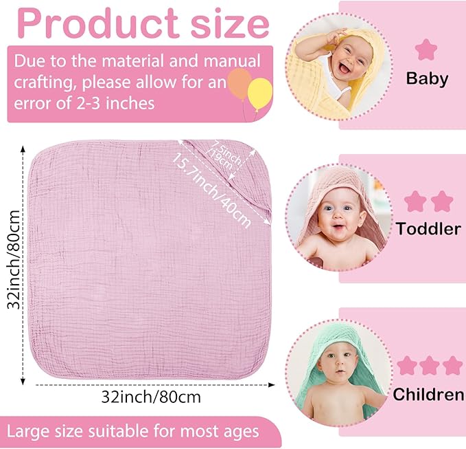 Peryiter 6 Pcs Muslin Hooded Baby Towels, 32"x 32" Cotton Newborn Bath Towel Muslin Infant Baby Blankets Absorbent Unisex Newborn Registry Gift Essentials for Girls Boys (Light Color Series)
