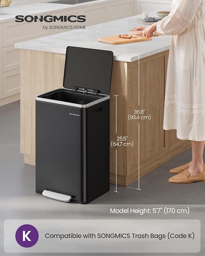 SONGMICS Trash Can, 13-Gallon Gabbage Can, with 15 Trash Bags, Steel, with Soft-Close Lid, Removable Inner Bucket, Handles, Ink Black ULTB595B01V1