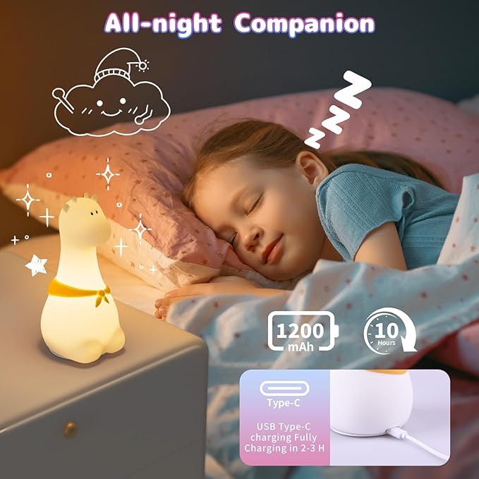 Silicone Night Light for Kids – Rechargeable Tap Control Lamp with 8 Colors, Cute Animal Design for Nursery, Toddler Room Decor, Gifts for Girls and Boys (Giraffe)