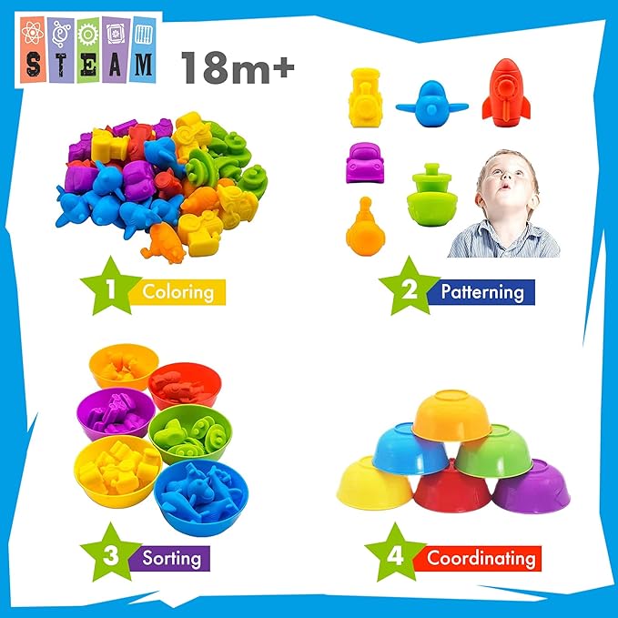 UNIQUE KIDS Counting Educational Learning Toy Set with Sorting Cups – Fun Color Classification and Math Training Game for Toddlers and Preschoolers Ages 3 and Up (Transport Vehicles)