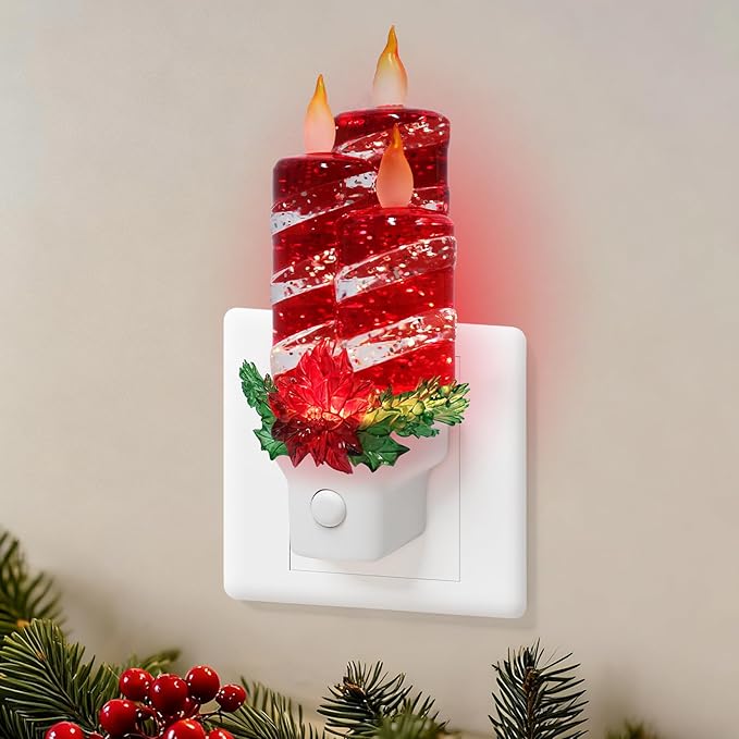 Christmas Candle Night Light Plug into Wall Glitter Water Nightlight with USB/Outlet Options, Christmas Decorative Nightlight for Bedroom Kitchen Nursery Hallway Holiday Decorations Gifts (Red Candle)