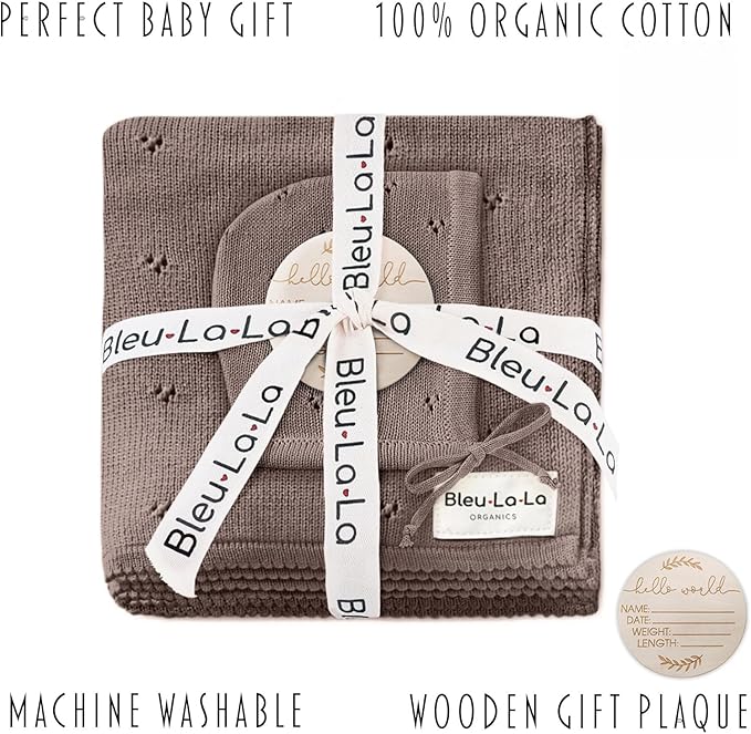 Organic Pointelle Receiving Swaddle Blanket for Girls - 100% Luxury Organic Soft Cotton Knit Warm Cozy Cuddle Stroller Crib Blanket for Newborns Infants & Toddlers (Mocha + Hat)