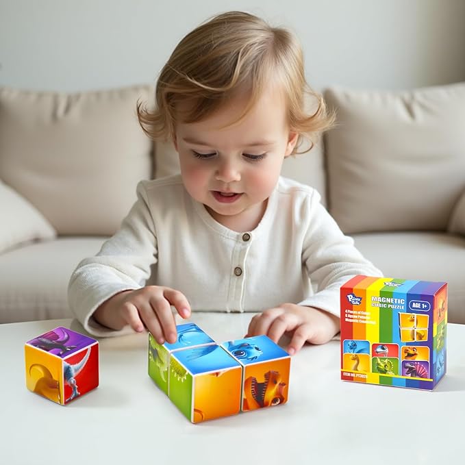 Magnetic Blocks for Toddlers, Dinosaur Toys Puzzle Cubes for Kids, Sensory Toys for Kids Ages 1-3 Year Old Boys & Girls, 6 Dinosaur Building Ideas
