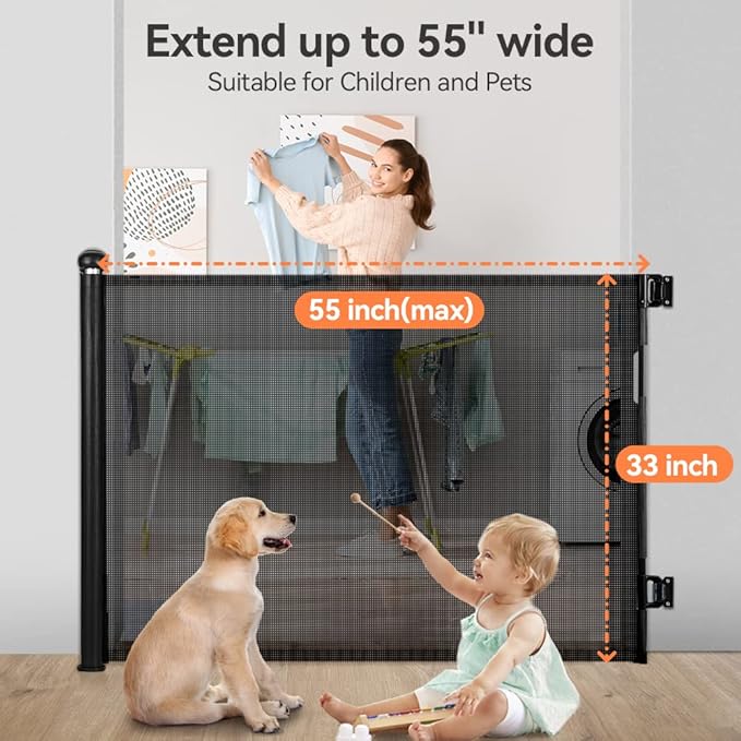 COMOMY Retractable Baby Gate for Stairs, 0-55" Mesh Dog Gate for House Doorways Hallways, 33" Tall Extra Wide Child Safety Gate for Kids Pets, Indoor and Outdoor (Black)