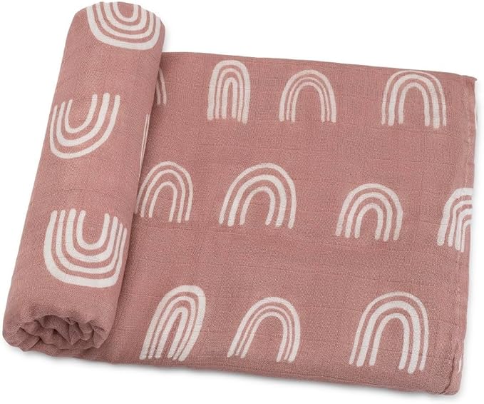 Comfy Cubs Muslin Swaddle Blankets Pack of 1 - 47 x 47 Inch Soft Cotton Baby Blanket Set, Large Multipurpose Wraps for Newborns - Self-Soothing Swaddles for Newborns - Mauve Rainbow