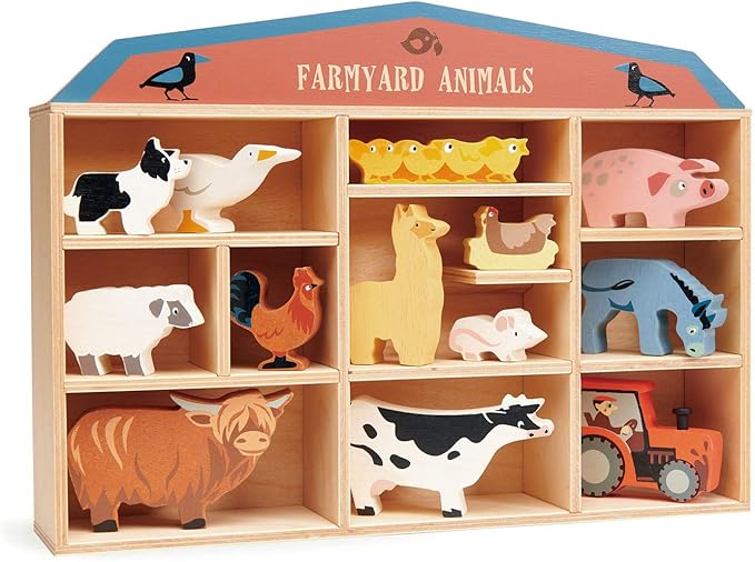 Tender Leaf Toys Farmyard Animals “ 13 Wooden Country Farm Figurines with a Display Shelf - Classic Toy for Pretend Play “ Develops Creative & Imaginative Skills “ Learning Role Play “ Ages 3+ Years