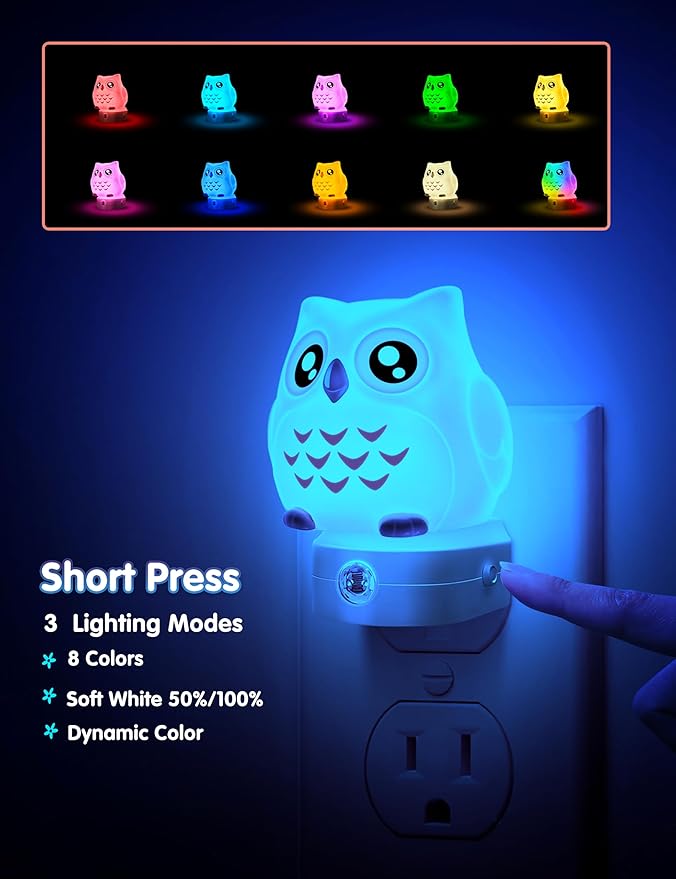 L LOHAS LED Owl Night Light for Kids, 3D Owl Night Light Plug in Wall, Dusk to Dawn Sensor, 8-Color Changing+Soft White 3000K, 3 Lighting Modes, Nursery Night Lights, Children, Room Decor