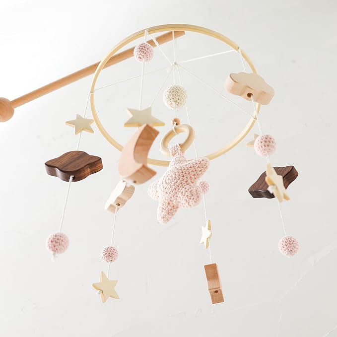 let's make Baby Crib Mobile for Boys Girls| Boho Nursery Mobile| Gender Neutral Hand-Crocheted Mobile| Ceiling Mobile - Stars, Clouds, Moon (Pink)