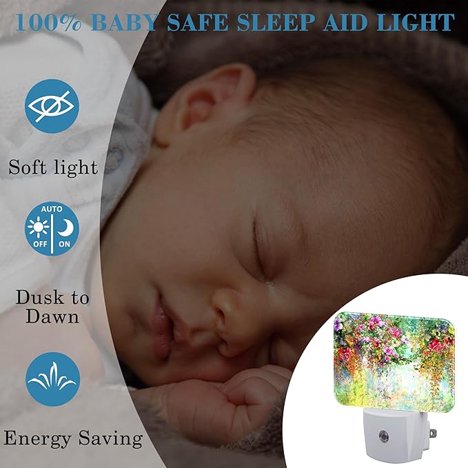 Abstract Watercolor Flowers Night Light Flowers Oli Painting Nightlight Plug into Wall with Dusk to Dawn Sensor for Kid Girls Boys Women Men Room, Hallway, Kitchen, Bathroom, Stairs Decor