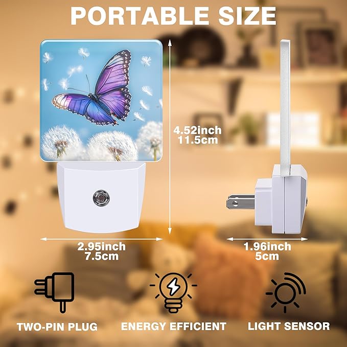Flying Butterfly with Dandelion Night Light, Plug-in Nightlight with Dusk to Dawn Auto Sensor for Home Bedroom Hallway Kitchen 0.5W Sleep Friendly Led Lamp for Women Men