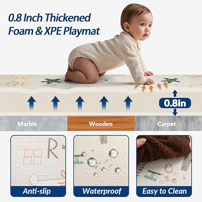 Foldable Baby Play Mat, 79x71 Inch Thick 0.8 Inch XPE Foam Waterproof, Extra Large Crawling Mat for Floor Kids Infant Training Non-Slip Reversible
