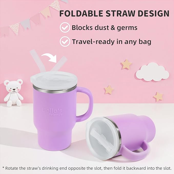 Bella's Friends Handy Mini Tumbler – Adorable 9 oz Toddler Sippy Cup, Stainless Interior & Silicone Body, Leak‑Proof, Dishwasher Safe, Gift for 1-3 Years Old Girls & Boys, 2 Pack, Lilac&Azure Blue