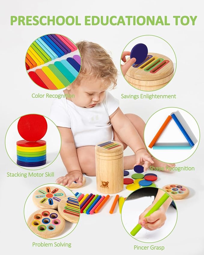 Wooden Sorting Toy for Toddlers 1-3 - Fine Motor Skills Toys，Baby Coin Bank & Color Matching Game - Sensory Educational Toy for Boys Girls TravelActivities（3in1）