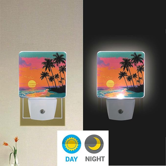 Aslsiy Night Light for Kids Palm Tree Beach Sunset (4) Plug in Wall Lamp LED Dusk to Dawn Sensor Energy Saving Nightlight for Boys Girls Men Women