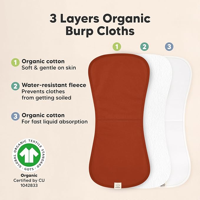 Organic Burp Cloths Baby Boy & Girl - 5-Pack Super Absorbent Cotton Burping Cloths for Babies, Soft & Plush Newborn Spit Up Rags, Infant Towels for Milk Spit Up, Unisex, Large 21" x 10" (Sahara)