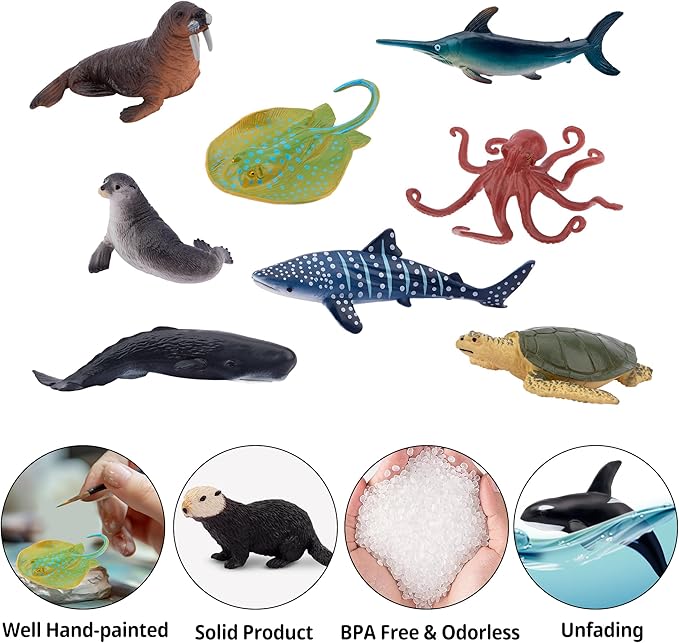 TOYMANY 24pcs Mini Ocean Animal Figurines: Realistic Cake Toppers with Sharks, Whales & Octopus - Great for Kids' Parties, Gifts & School Projects
