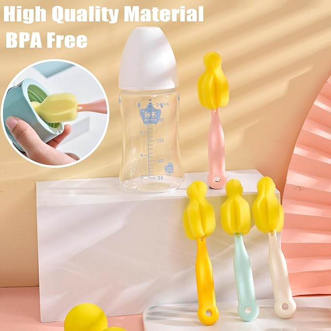 8PCS Bottle Brush Sponge Nipple Brushes Long Handle Cup Cleaner Brush for Baby Bottle Glasswares Mugs Cups Kitchen Clean (4 Bottle Brushes + 4 Nipple Brushes)