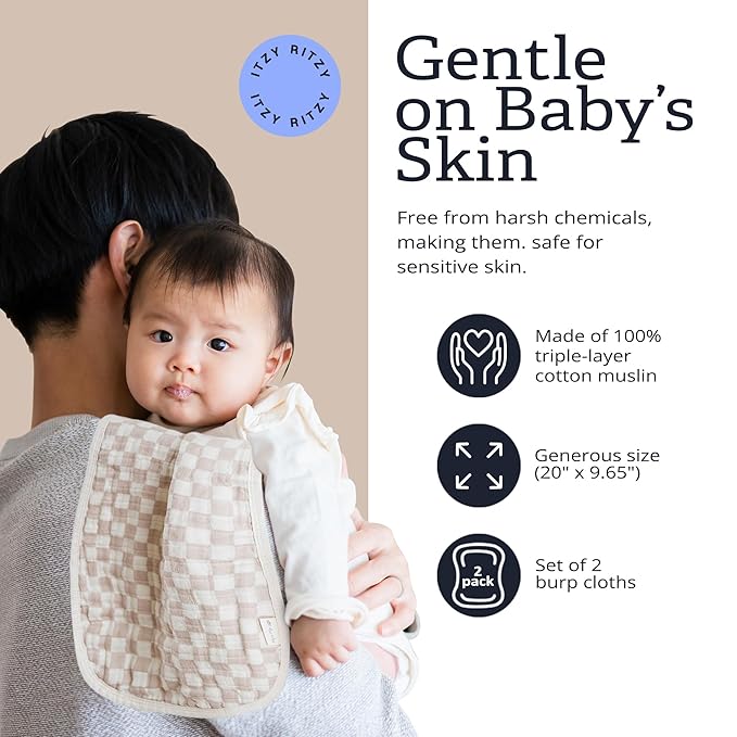 Itzy Ritzy Set of 2 Baby Burp Cloths – Ultra-Soft Absorbent Burping Cloths for Babies - Made of 100% Cotton Muslin & Generously Sized with Trendy Coordinating Prints – Machine Washable (Checkerboard)